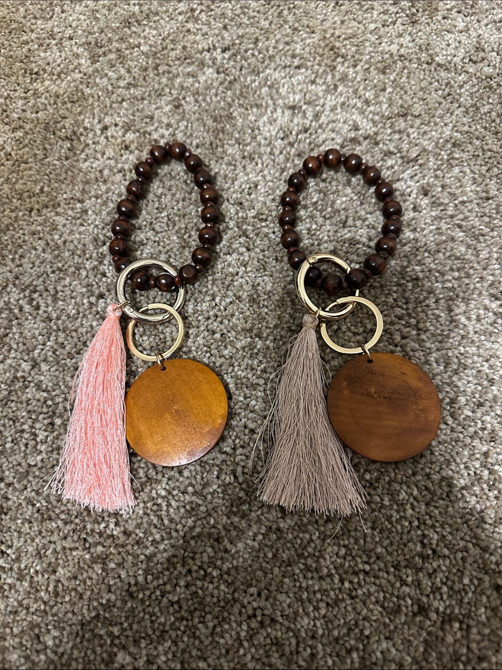 Choice of Beaded Wood Tassel Keychain Wristlet - Peach or Taupe